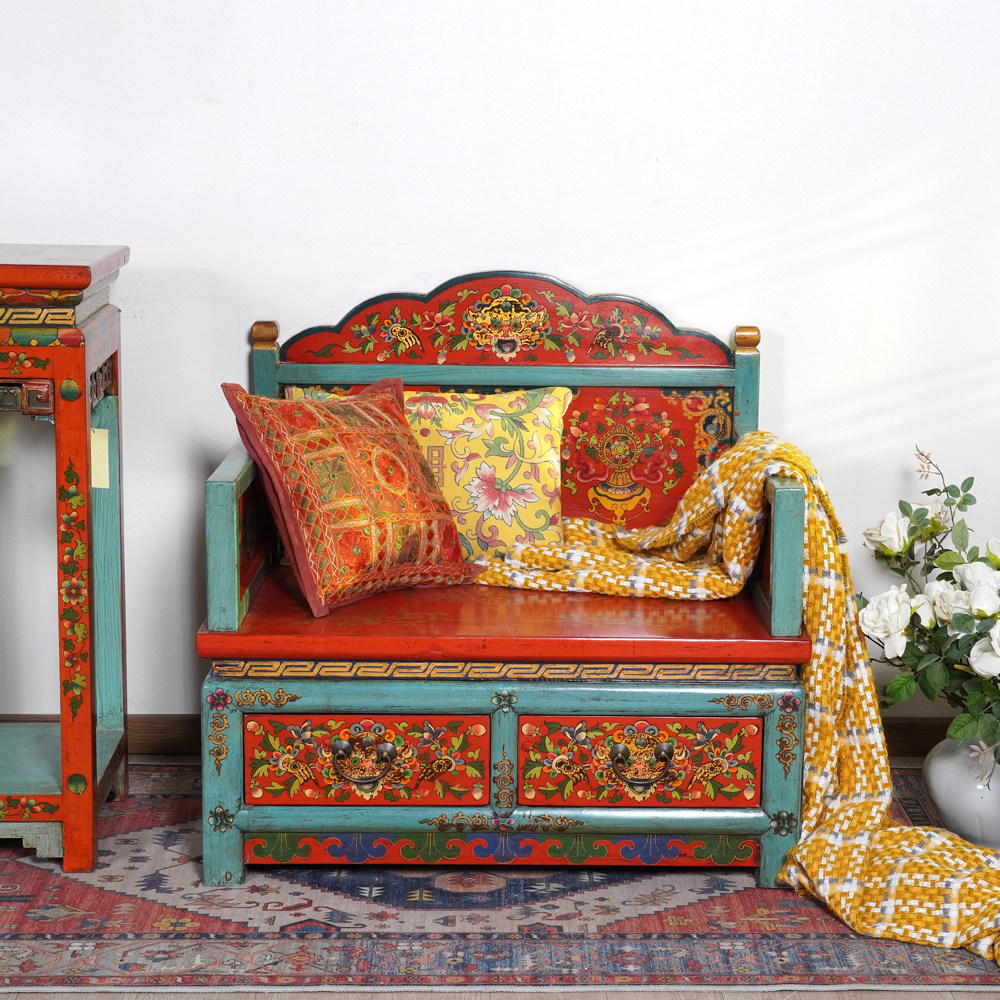 藏式风格实木主人手绘沙发椅带收纳椅子休闲椅沙发椅