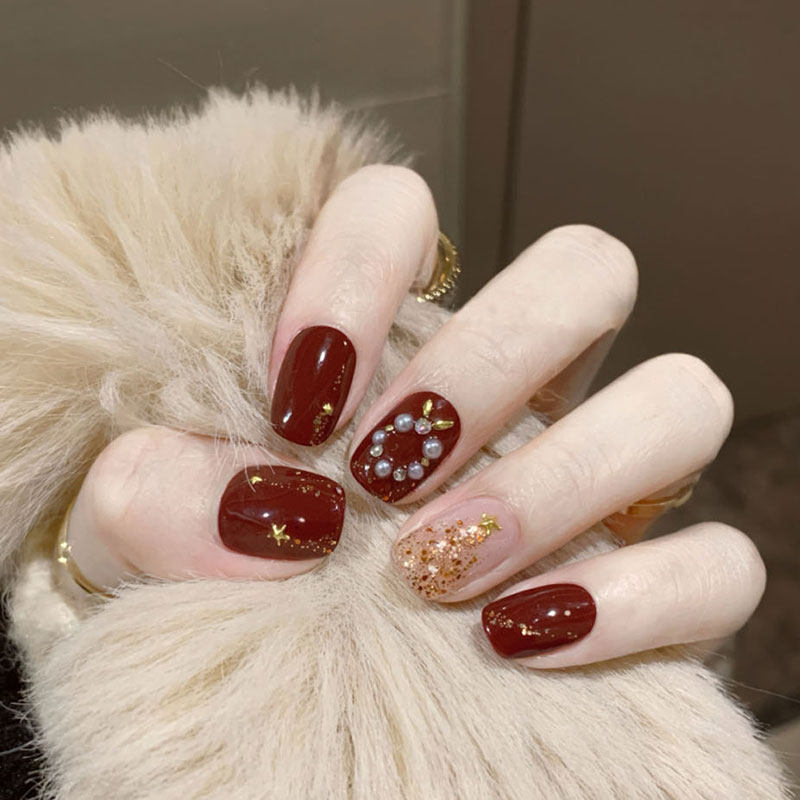 美甲2021新年指甲贴片珍珠气质暗夜成品可拆卸美甲工具