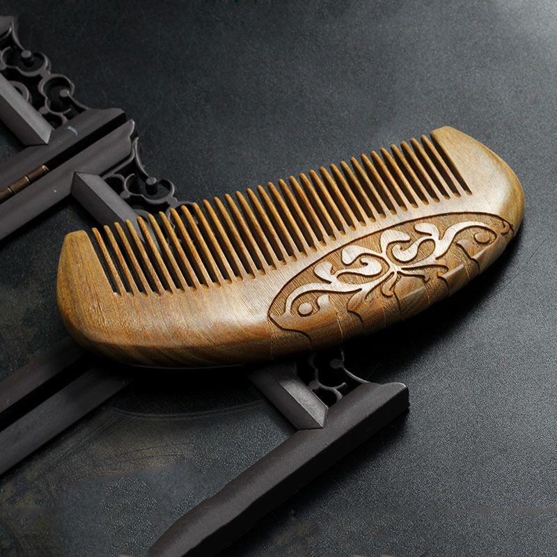 古风绿檀大尺木质梳子静电檀木木梳宽齿卷发梳子