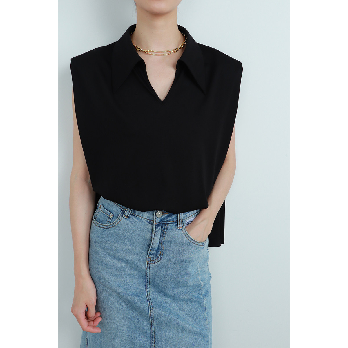 charmsm女式垫肩无袖针织衫上衣宽肩2021时尚法式气质t恤