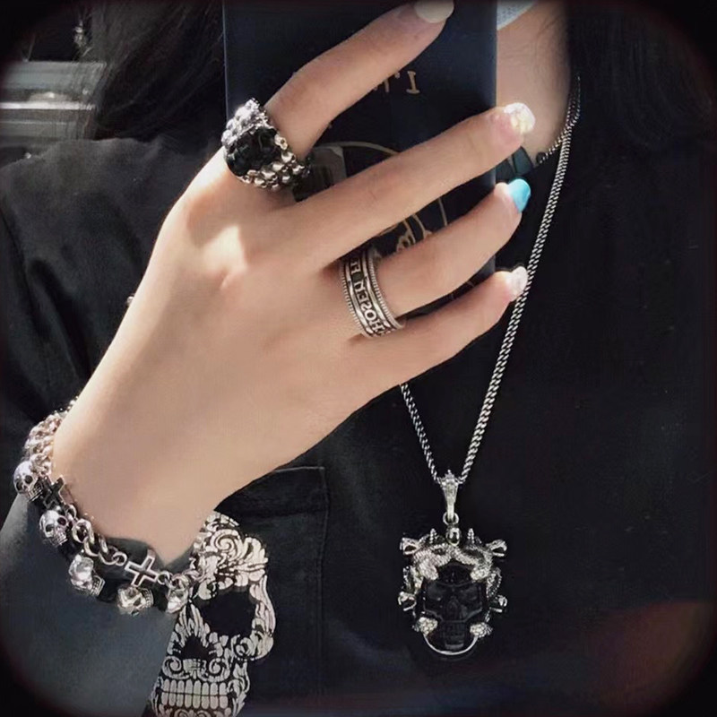 kingbaby大号美杜莎黑玛瑙骷髅项链欧美原创潮流礼物k105468