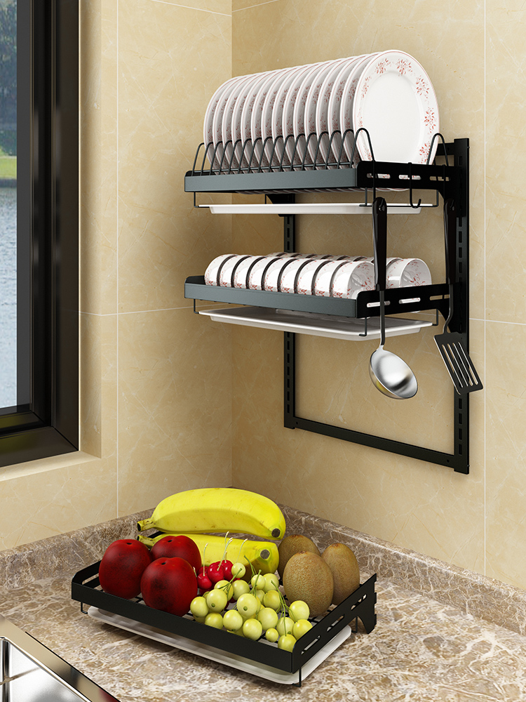 厨房置物架不锈钢免打孔壁挂碗碟架沥水架碗筷用品家用大全收纳架