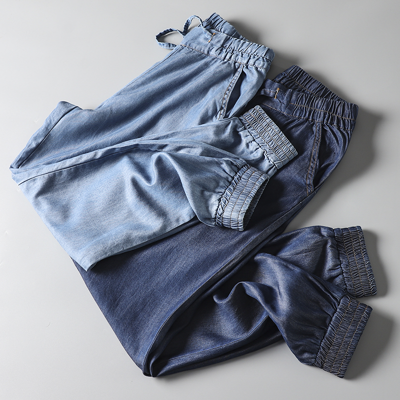 太舒服了 外贸尾货男装天丝牛仔裤 情侣薄款天丝抽绳松紧腰小脚裤