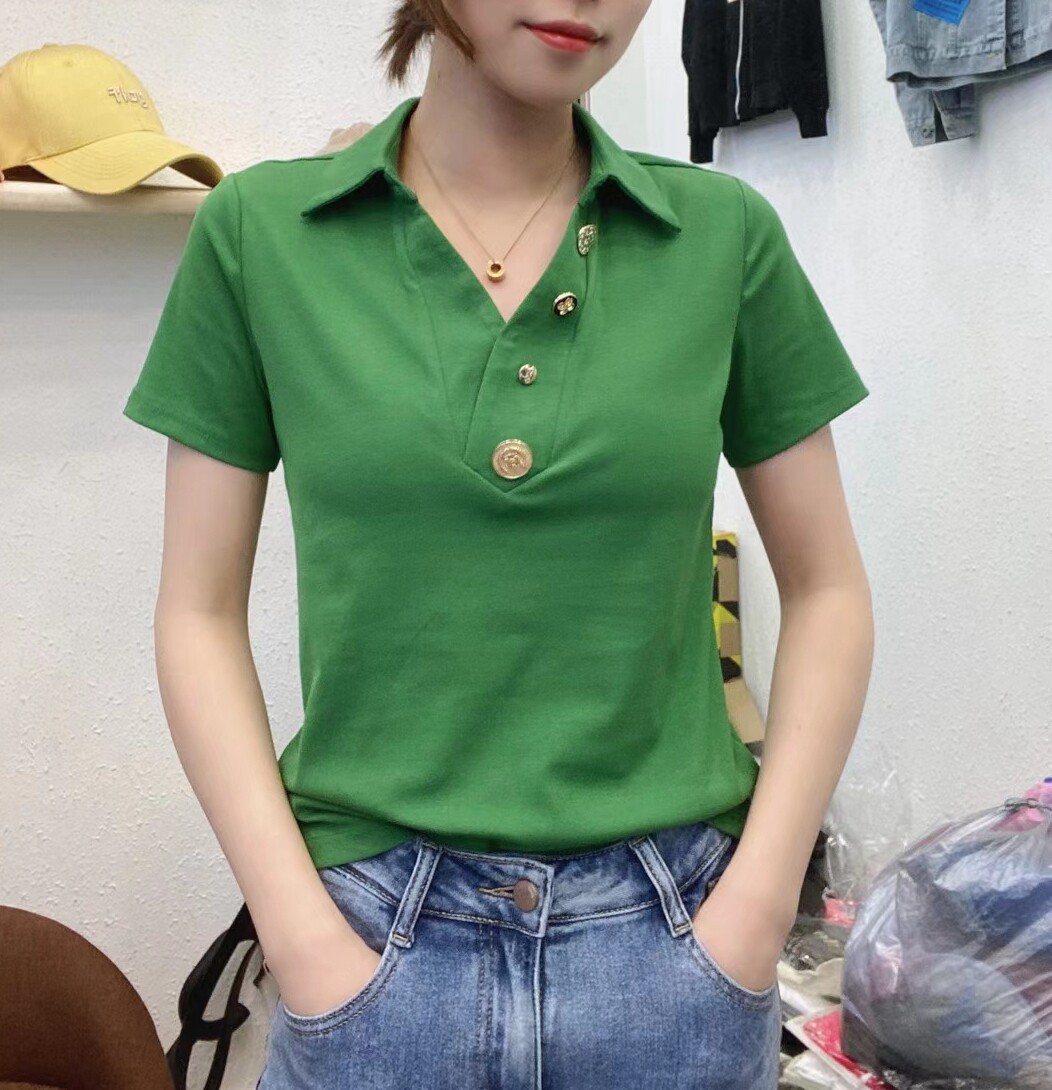 欧洲站2022夏装新品翻领短袖纽扣t恤女修身显瘦百搭体恤上衣小衫