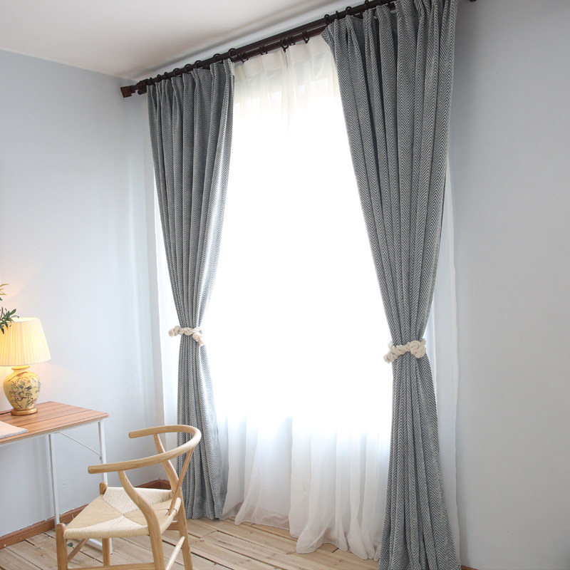 尼尔遮光棉麻灰蓝色北欧轻奢客厅纯色定制窗帘