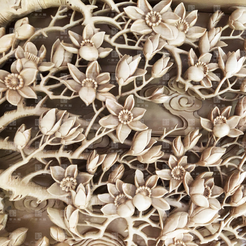 东阳木雕玉兰花一帆风顺山水风景椴木手工雕刻背景墙木雕