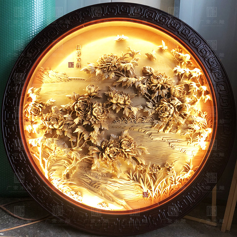 东阳木雕手工雕刻牡丹花圆盘挂件背景墙玄关壁挂木雕