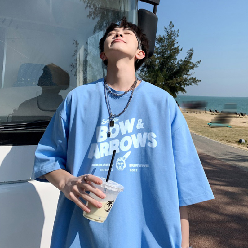 蓝色重磅oversize国潮美式短袖T恤男潮牌半袖盐系男友风七分袖夏t