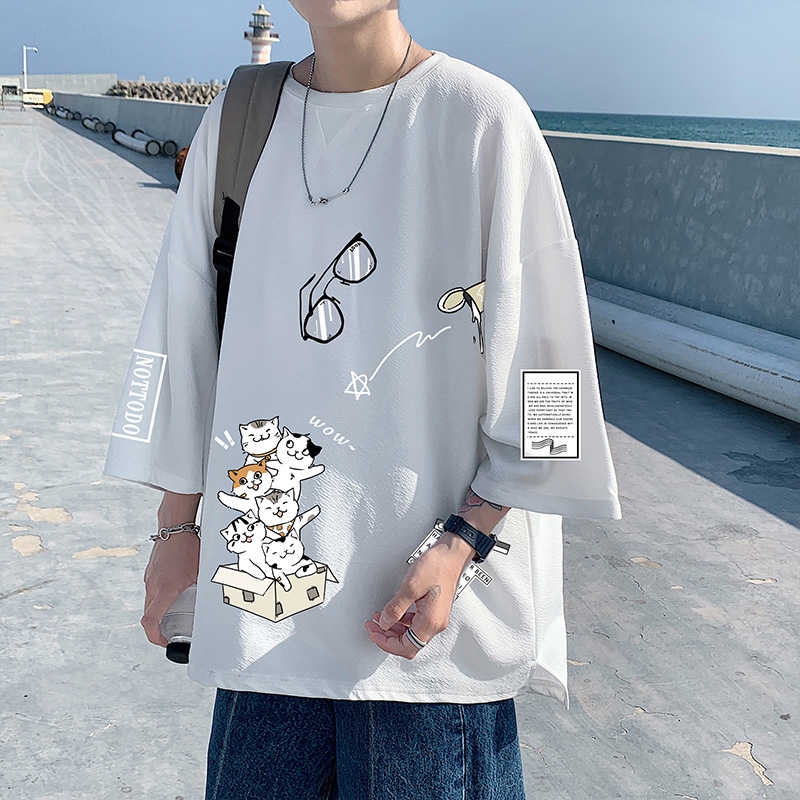 痞帅hiphop猫咪七分袖T恤男夏季薄款潮牌短袖oversize冰丝体恤衫