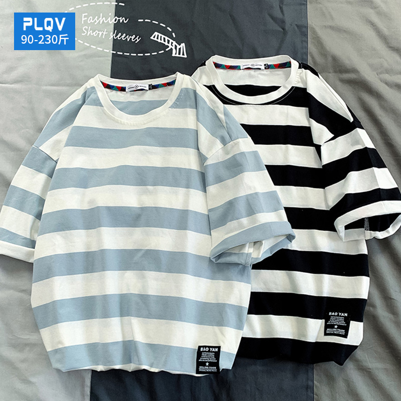 港风黑白条纹短袖T恤男潮流宽松胖子大码半袖夏季潮牌海魂衫男装