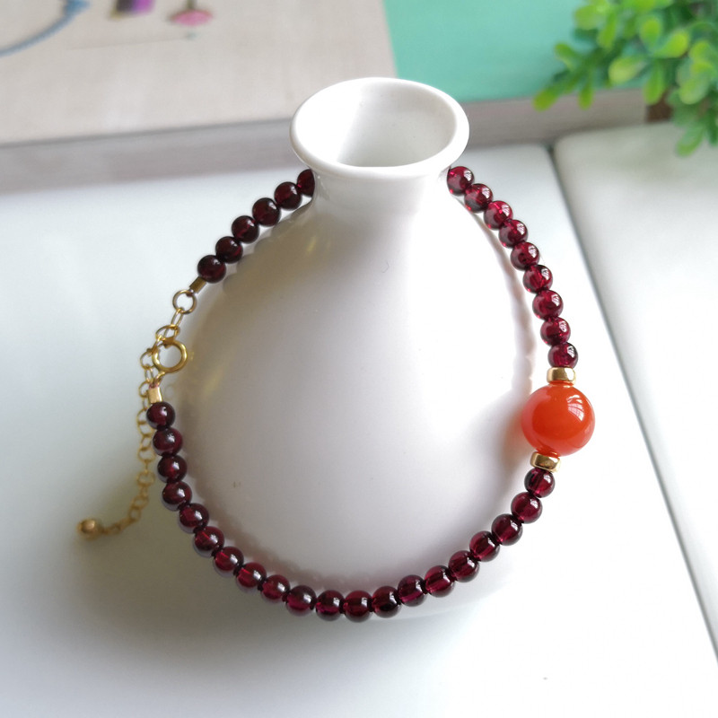 南红玛瑙手链石榴石手串14k包金手链南红玛瑙樱桃红圆珠手链原创
