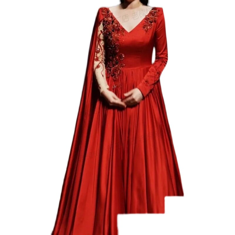 礼服硕士毕业独唱音乐会红色主持人长袖学生生艺礼服