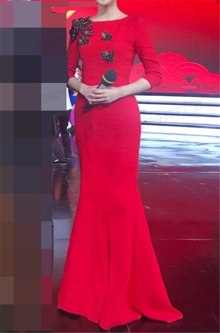礼服定制颁奖典礼红色五分袖长款鱼尾显瘦春晚主持人礼服
