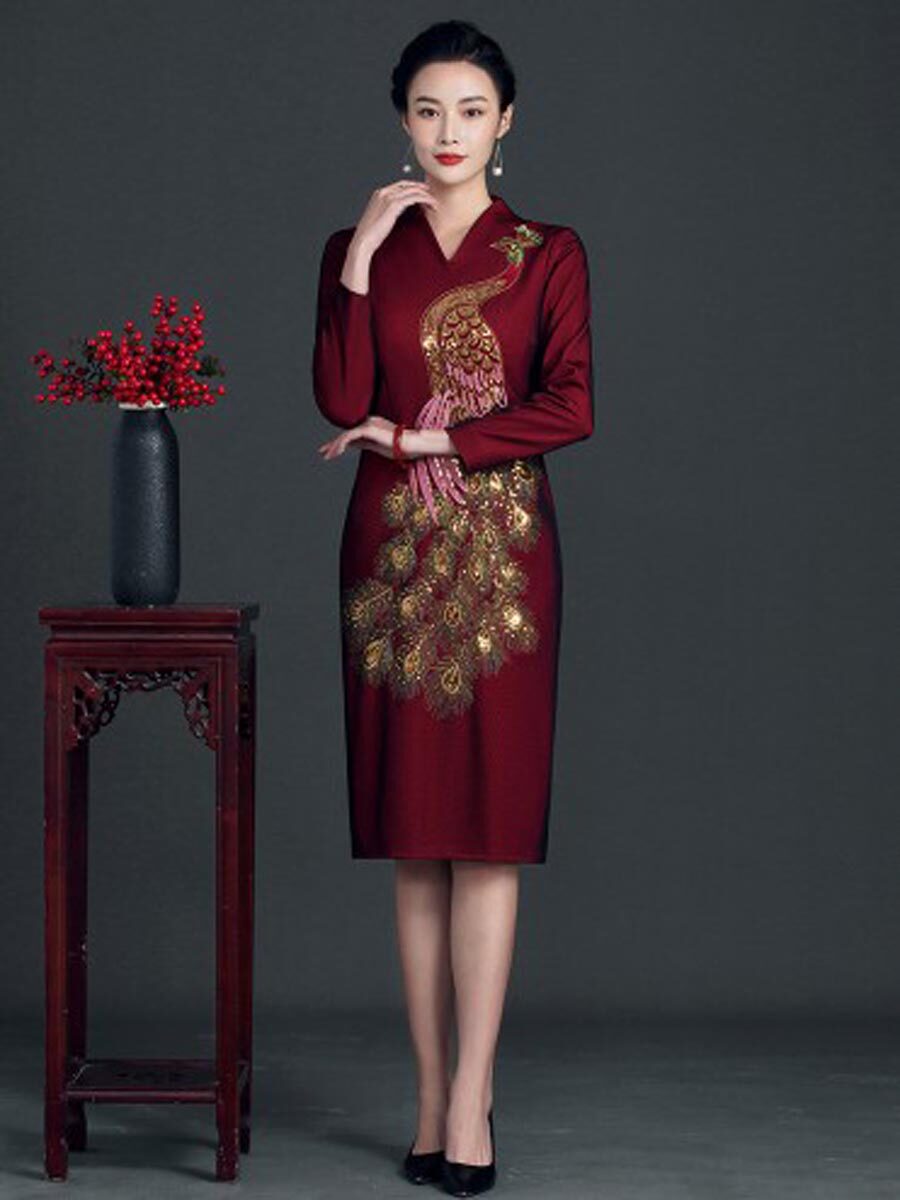 2022春婚婆婆结婚酒席礼服刺绣旗袍姑姑舅妈旗袍