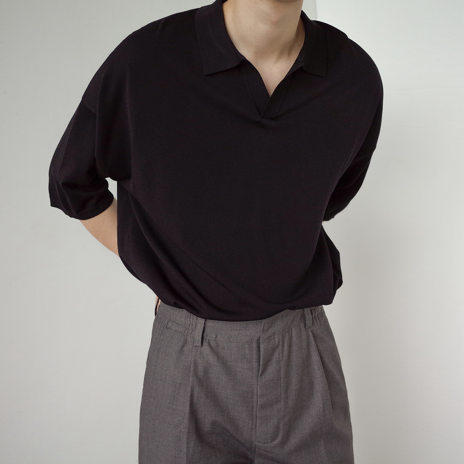 MG/韩风翻领v领纯色短袖针织衫男薄款毛衣T恤夏季休闲半袖上衣潮