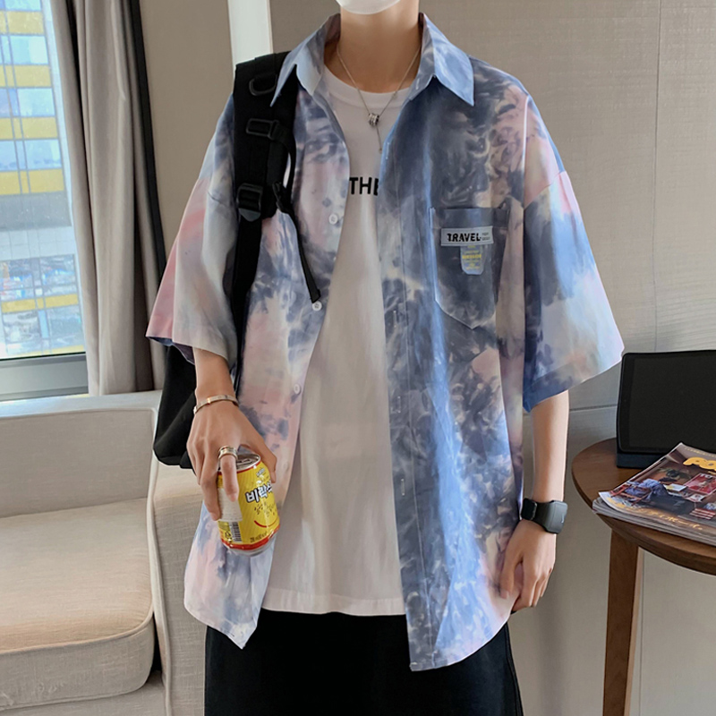 夏威夷冰丝短袖衬衫男夏季港风ins潮宽松衬衣小众扎染七分袖外套