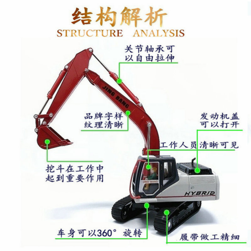 精邦1:50合金工程车模型大型挖机履带挖掘机儿童挖土玩具仿真汽车
