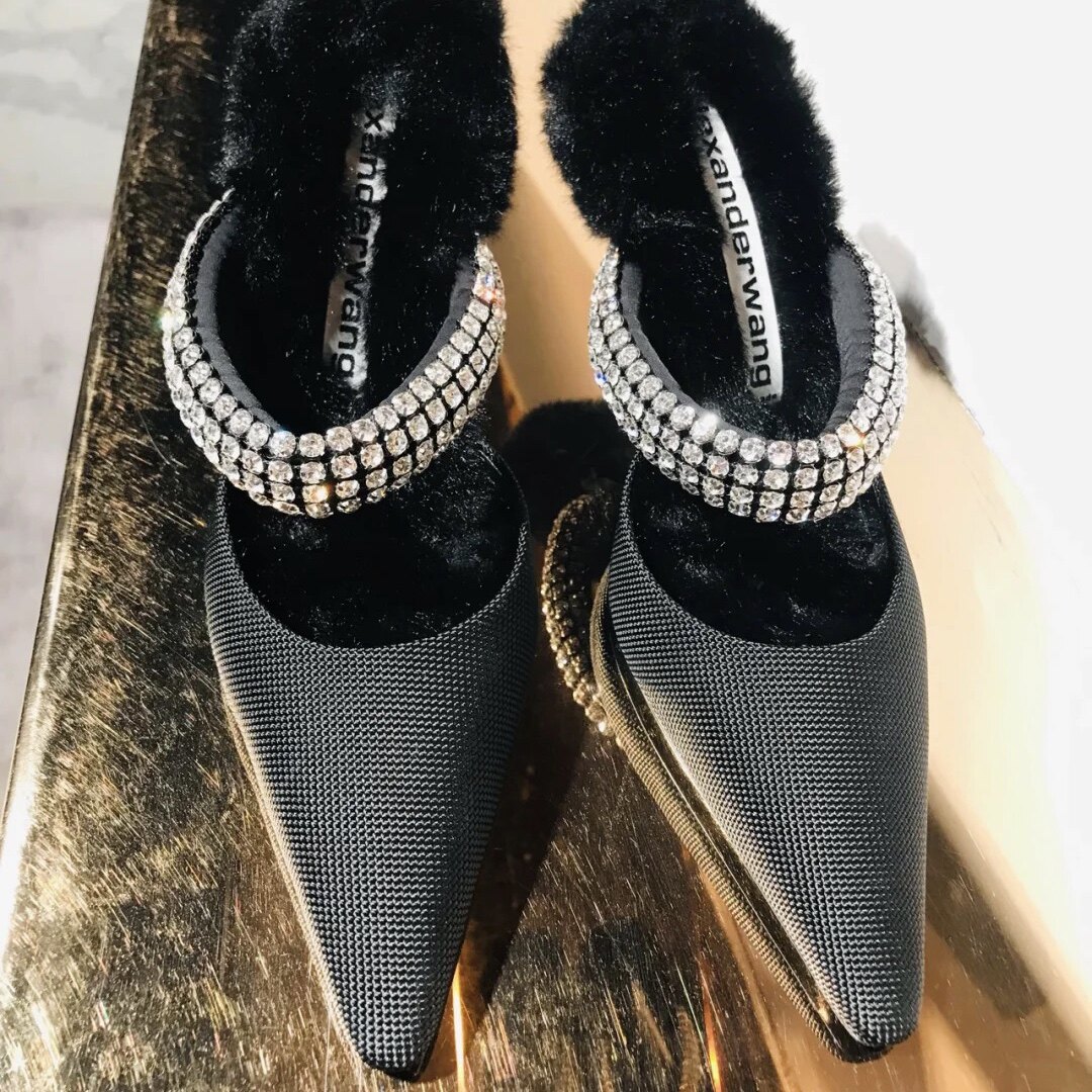 绝美alexanderwang亚历山大王秋冬毛绒水钻高跟鞋单鞋单鞋