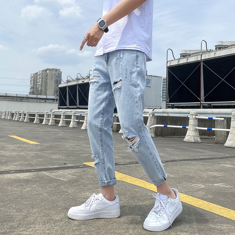 破洞牛仔裤男2022新款春秋潮牌宽松直筒潮流休闲薄款九分裤子夏季