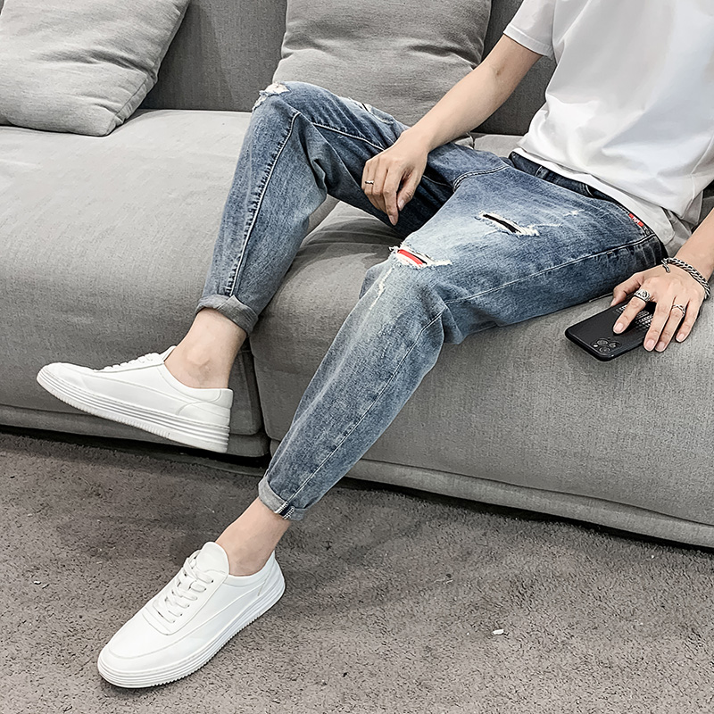 破洞牛仔裤男潮牌秋季韩版潮流修身小脚裤百搭九分男士休闲长裤子