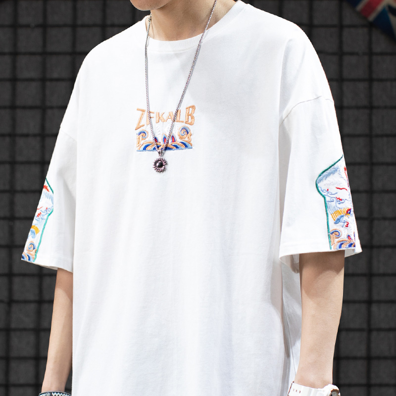 国潮牌复古民族中国风刺绣短袖T恤男女情侣宽松潮流纯棉半袖体恤