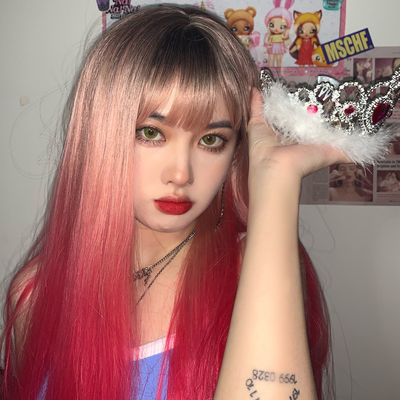 假发粉色空气长直主播玫红变色渐变挑染网红日常整顶假发