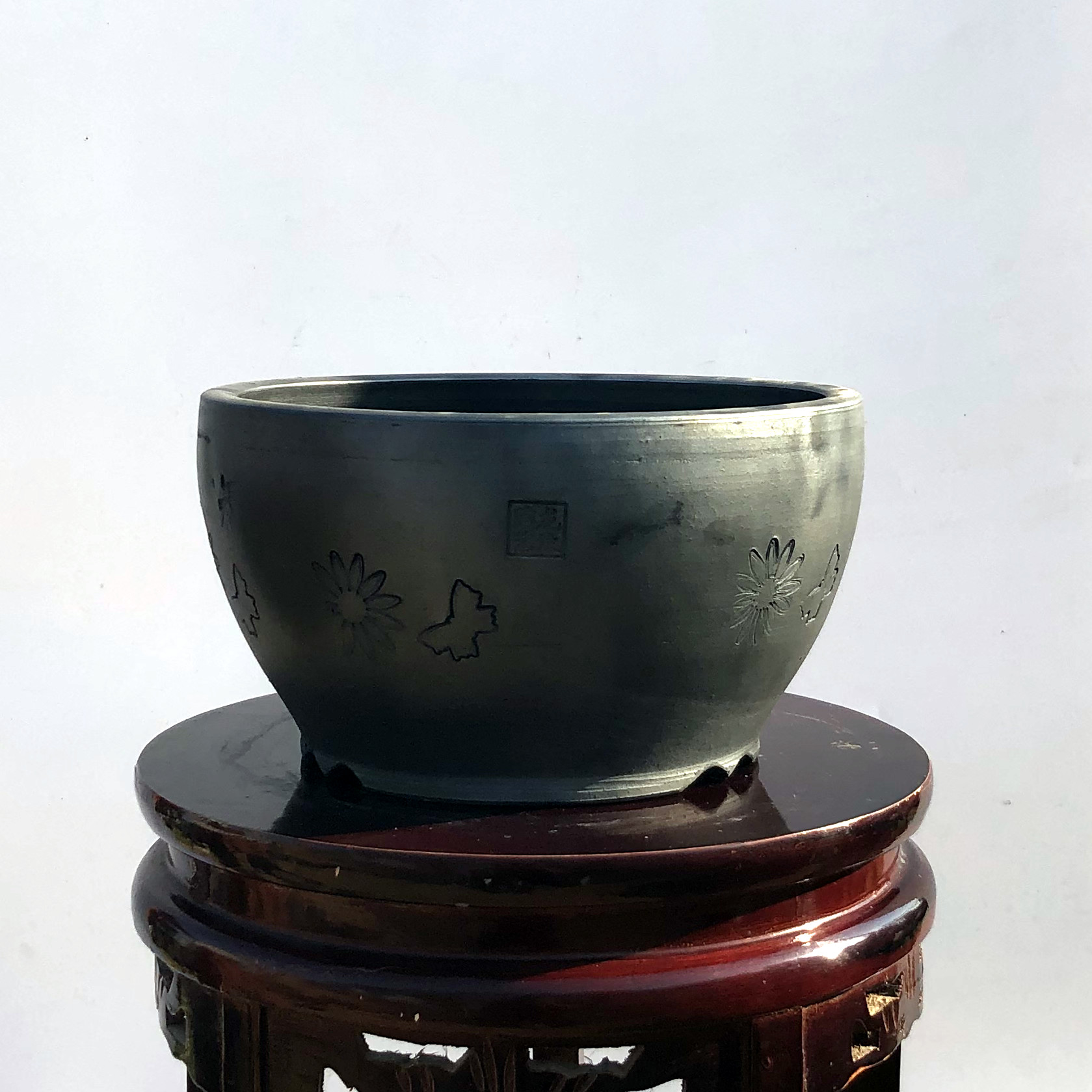 花盆精品黑陶瓦盆鼓型盆景花卉专用圆型花盆