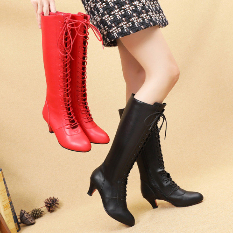 拉丁舞靴子真皮冬季新款高邦跳舞女鞋加绒成人广场舞鞋