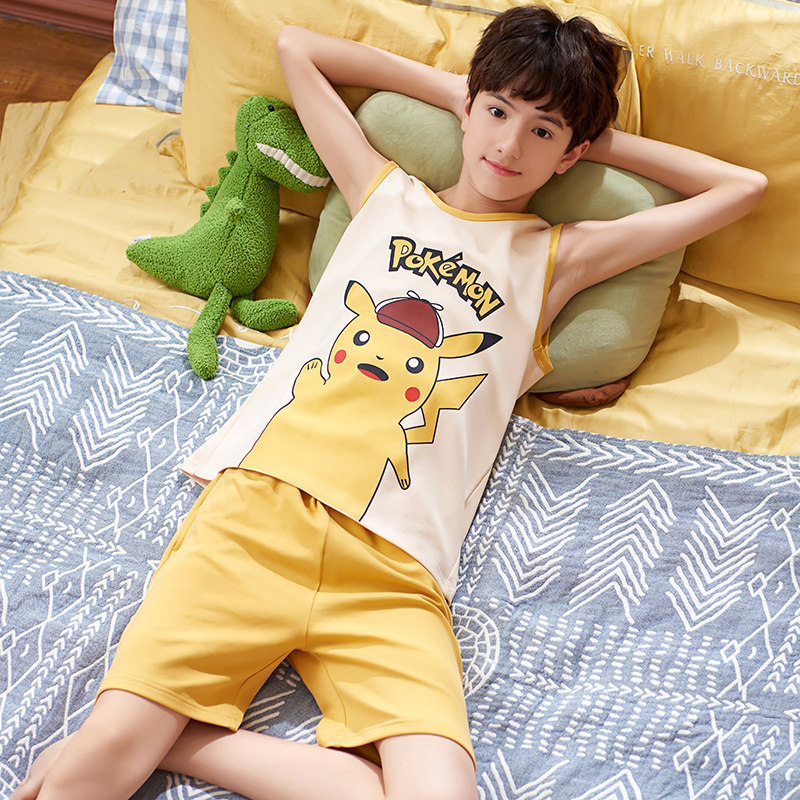 胖童中大无袖背心纯棉男孩睡衣夏季宽松加大睡衣