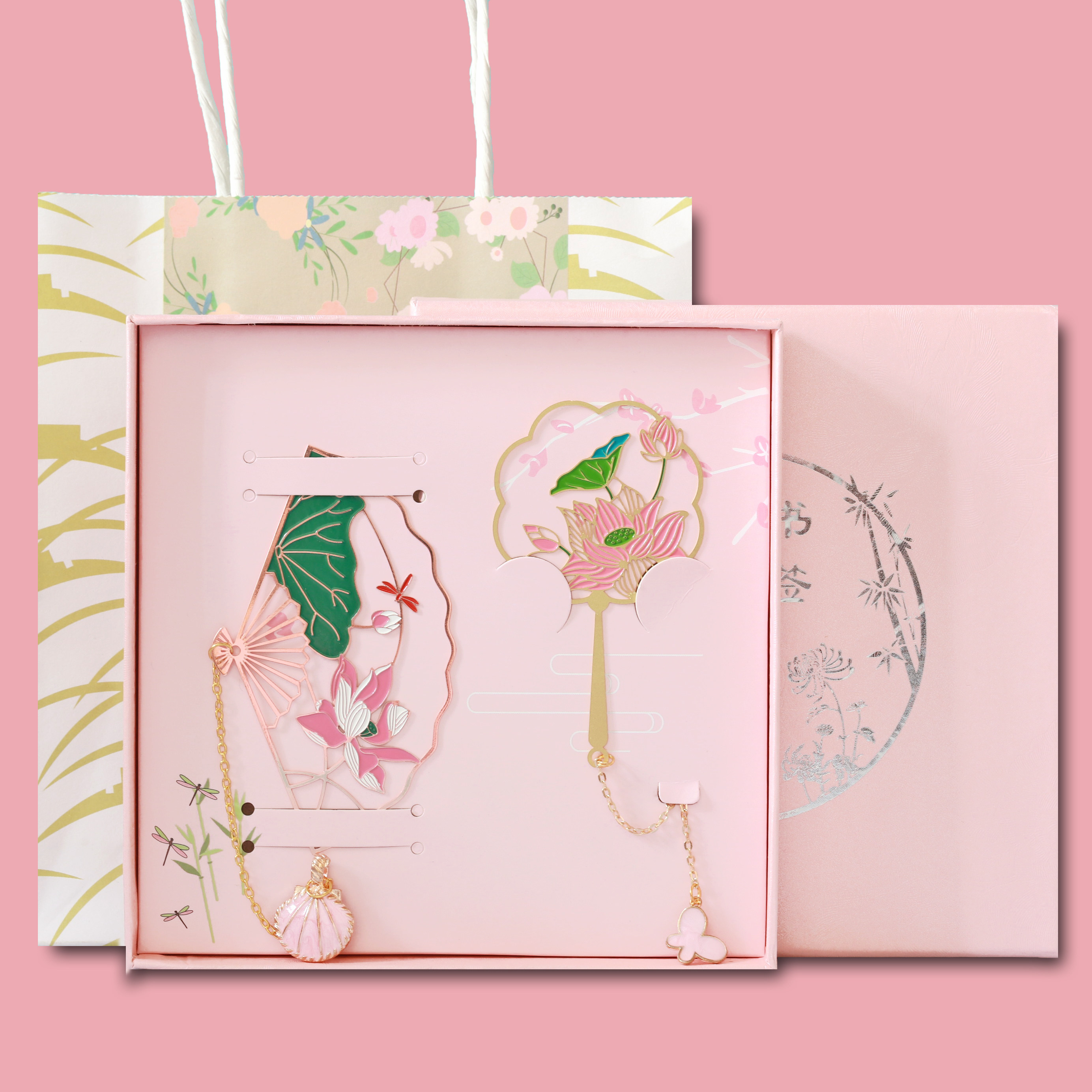 荷花团扇流苏古典中国国风黄铜书签创意小清新书签