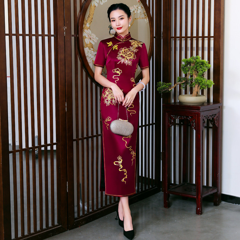 华族经典私人定制重磅真丝苏绣旗袍上海复古优雅旗袍