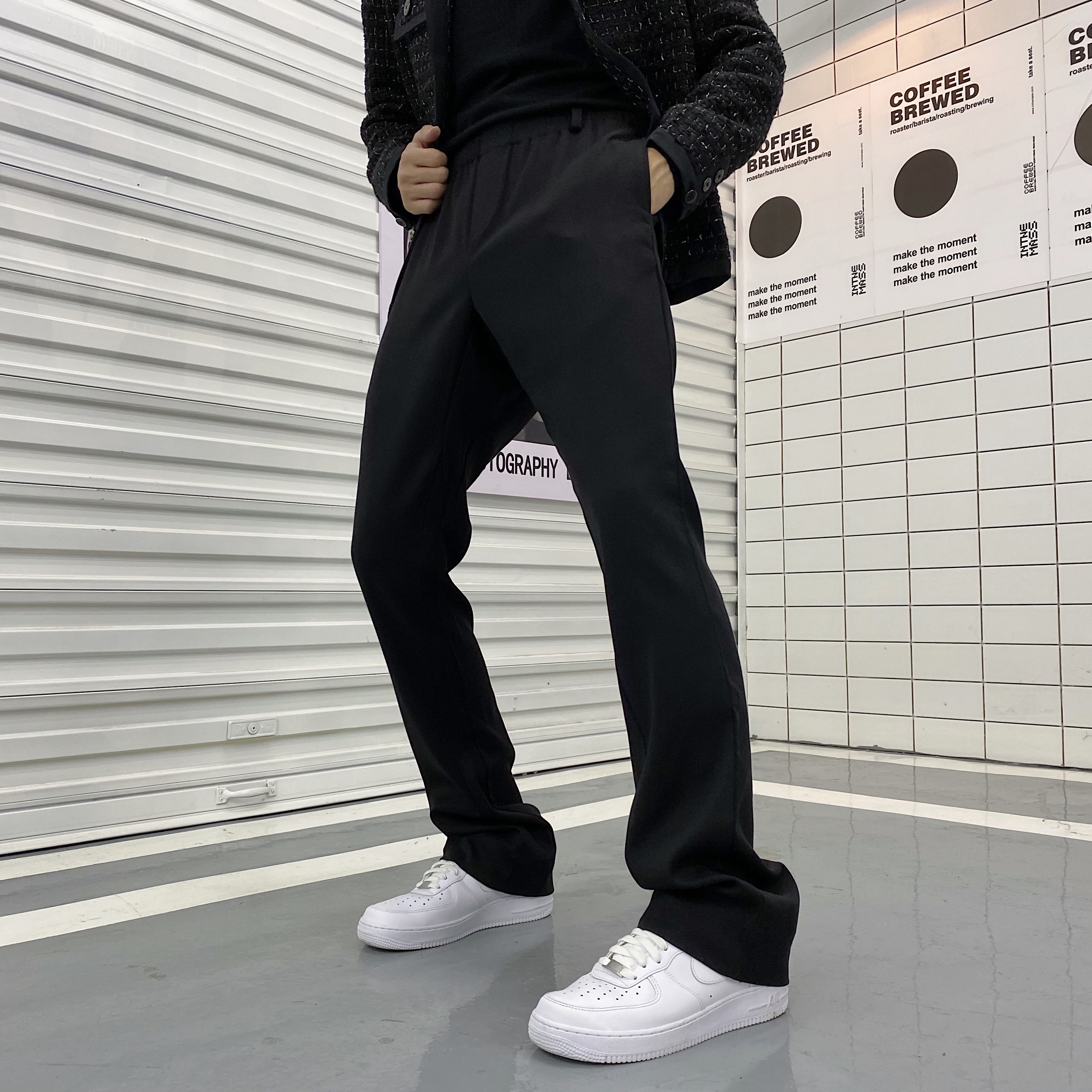 TRENDYWU 自制 新品高街万能款立体剪裁弹力腰修身微喇叭长款西裤