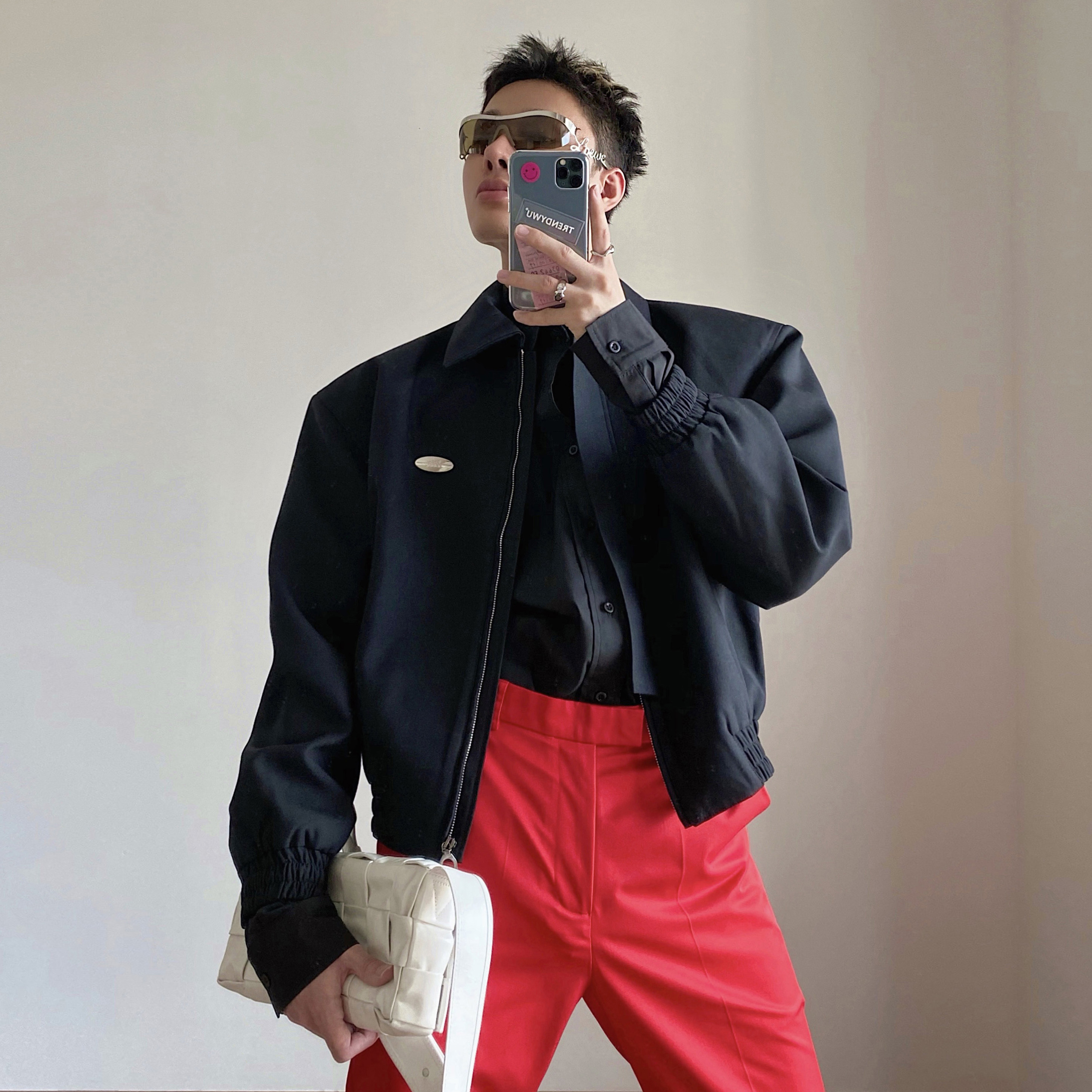 TRENDYWU 自制 新品复古廓型宽肩金属标细节时髦中性短装夹克外套