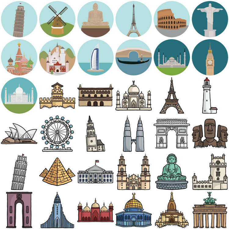 25号建筑物国家地区标志物卡通标志图案合集ui设计矢量素材