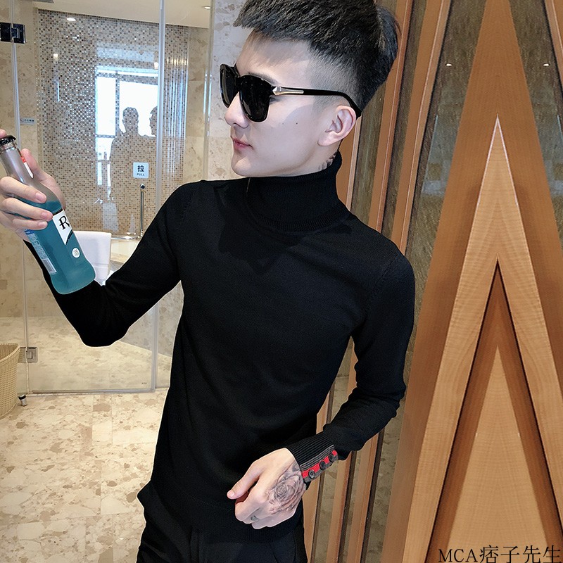 秋冬网红同款高领毛衣男韩版修身青年社会小伙紧身时尚翻领针织衫