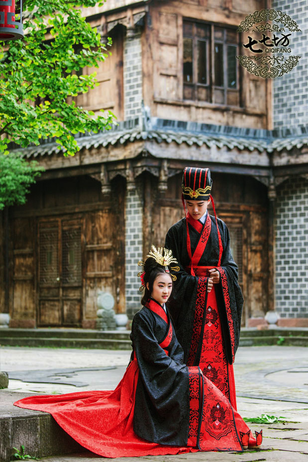 七坊◆华服刺绣花大拖尾周制汉服中式婚服男女套 天成佳偶 款三