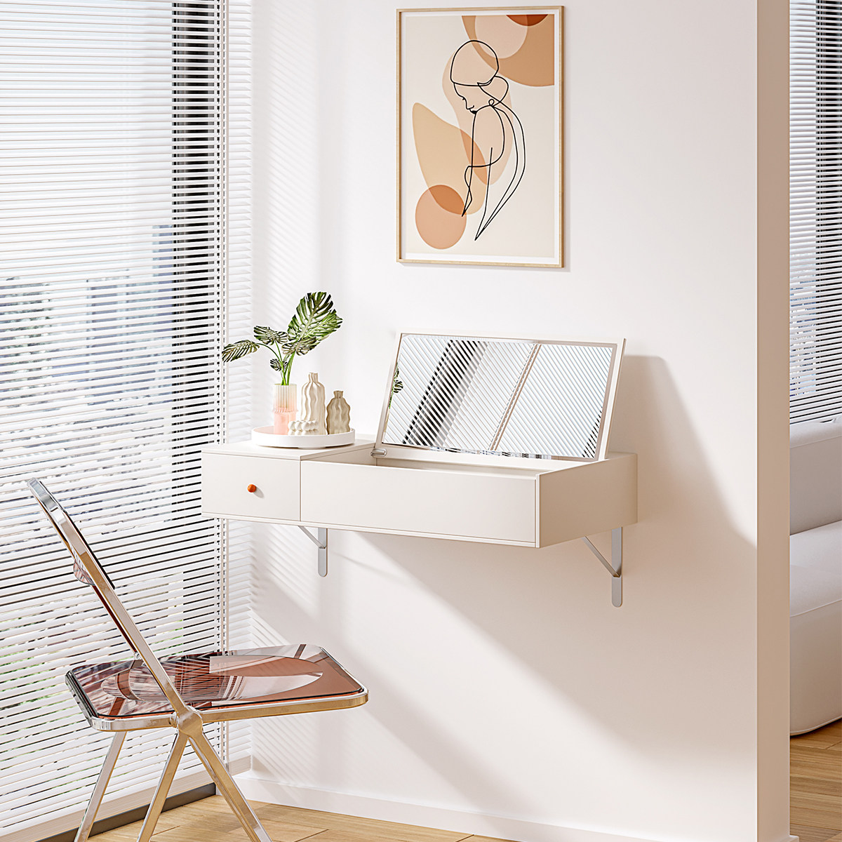 谷及简约白色小户户型北欧挂墙壁挂梳妆台翻盖梳妆台