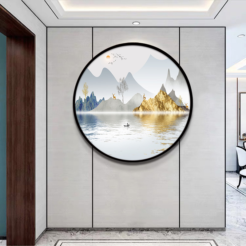 迎客松壁画玄关圆形装饰画新中式山水挂画客厅茶室餐厅进门背景墙