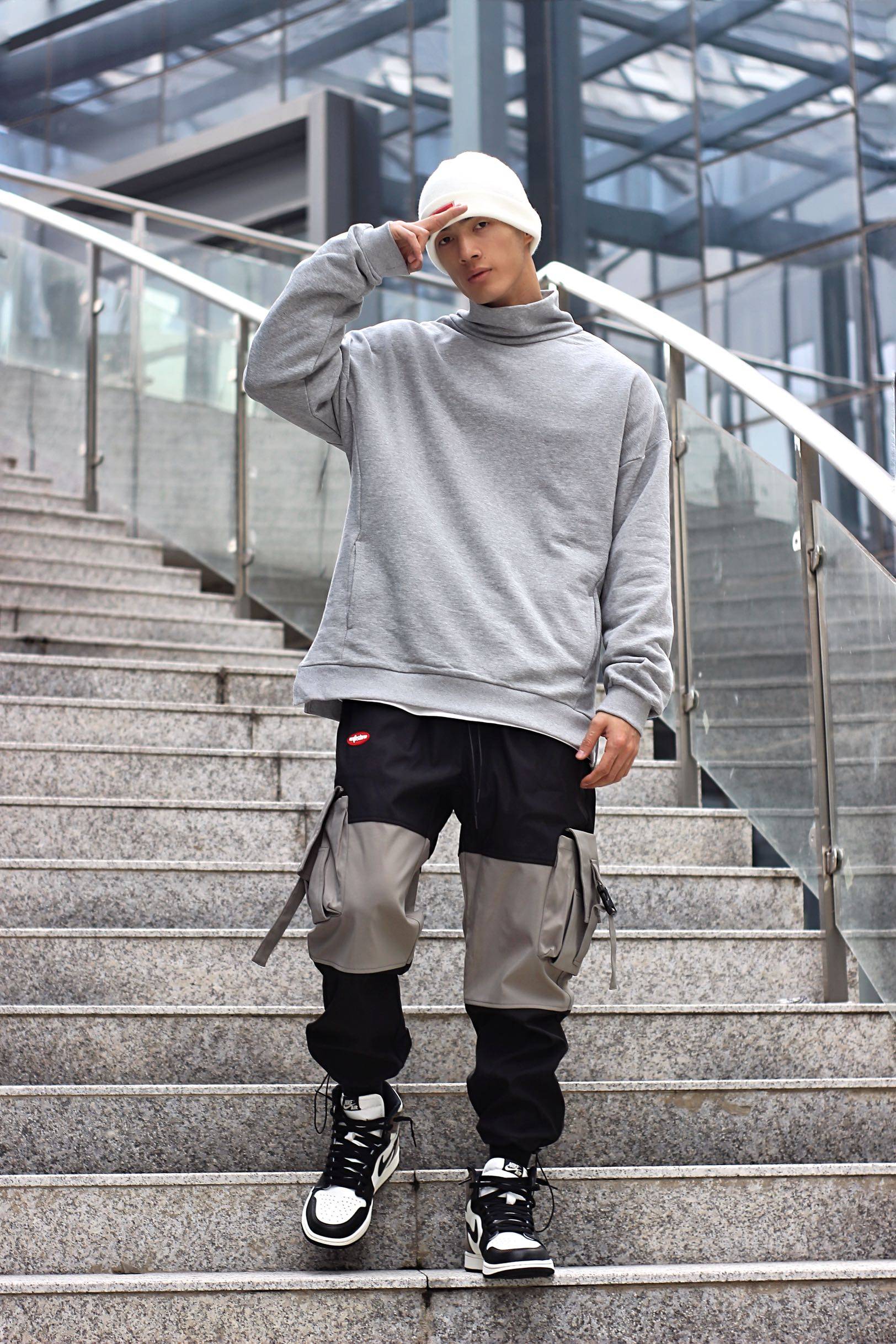 夏吉吉半高套头日系男百搭休闲潮牌卫衣高领拉链卫衣