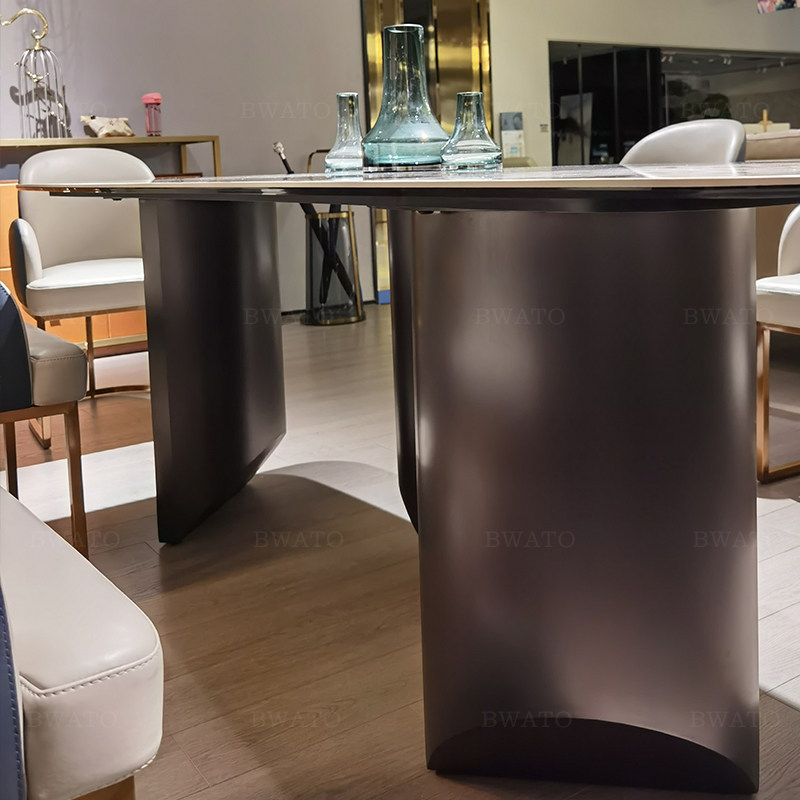 进口亮面岩板餐桌现代轻奢minotti设计师不锈钢脚大餐桌