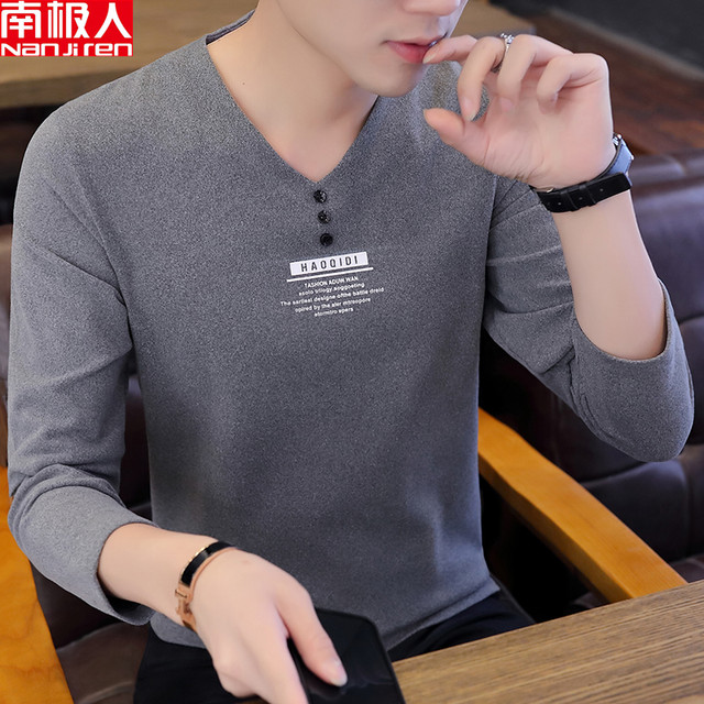 Antarctic people in autumn and winter plus velvet thickening V-neck T-shirt sweater men's slim long-sleeved warm bottoming shirt men's shirt Antarctic people in autumn and winter plus velvet thickening V-neck T-shirt sweater men's slim long-sleeved warm bottoming shirt men's shirt