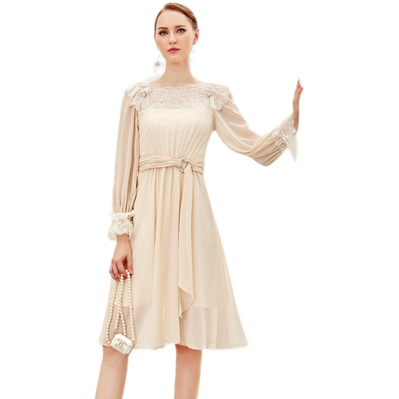 思朵春秋新款杏色时尚优雅名媛气质晚宴约会礼服