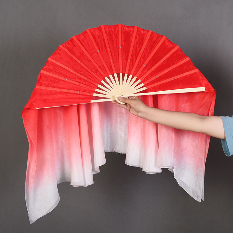 真丝舞蹈扇子双面胶州秧歌扇成人儿童大红渐变广场舞长丝绸扇
