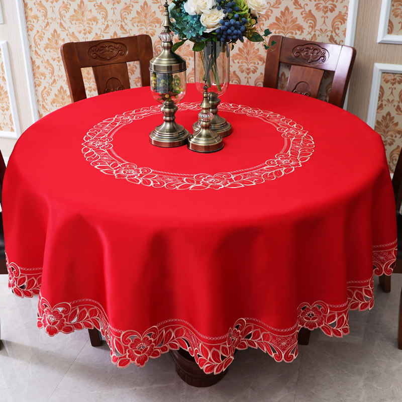 桌布红色喜庆结婚圆桌双层转盘转桌欧式简约桌布