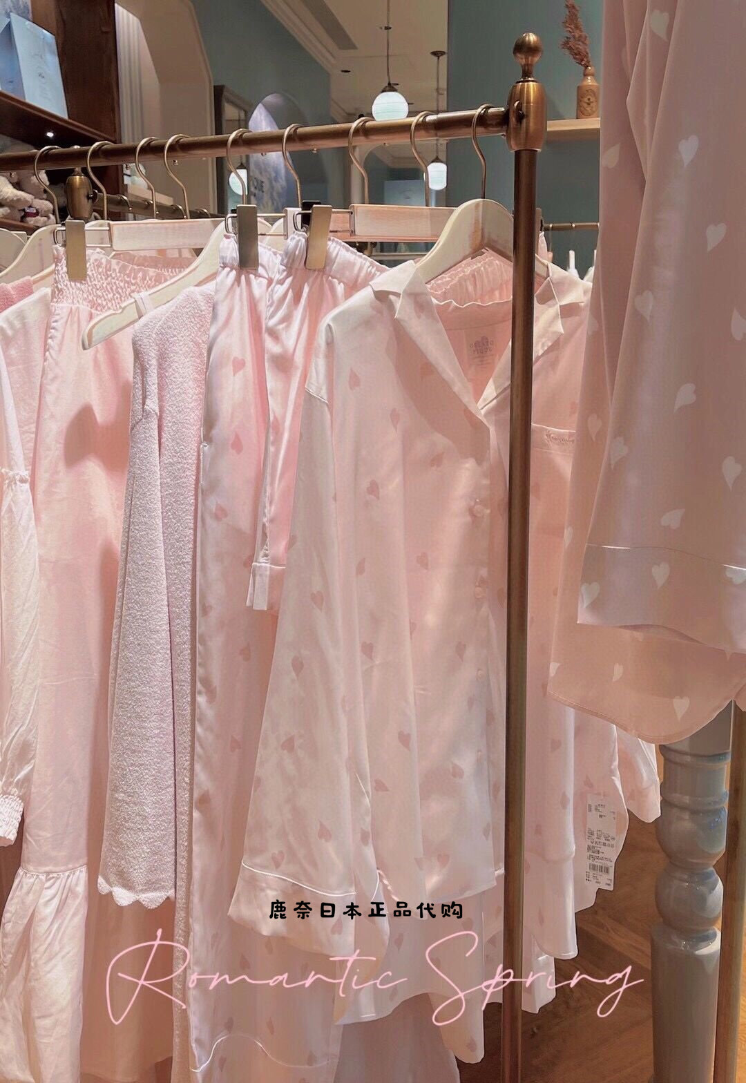 日本代购gelato夏季甜美印花樱花桃心缎面长袖睡衣