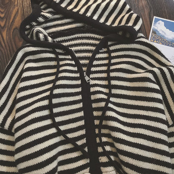 Xiao C's Contrast Color Striped Hooded Knitted Cardigan Women's New Autumn and Winter Loose Design Jacket Long-Sweater Jacket