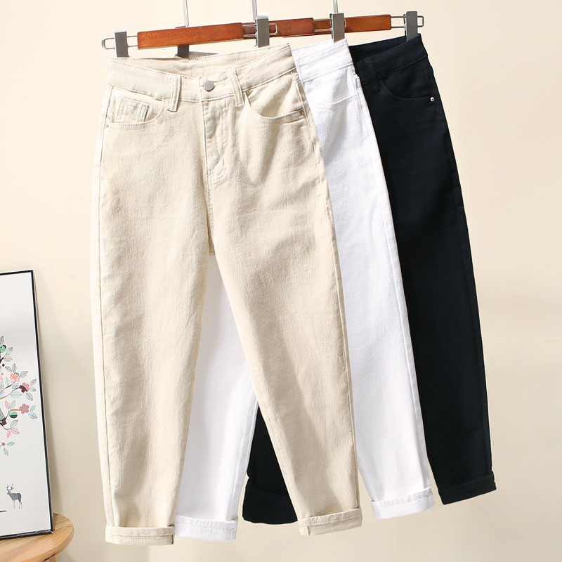 米白色弹力牛仔裤女夏宽松显瘦薄款春夏2022年高腰哈伦裤老爹裤