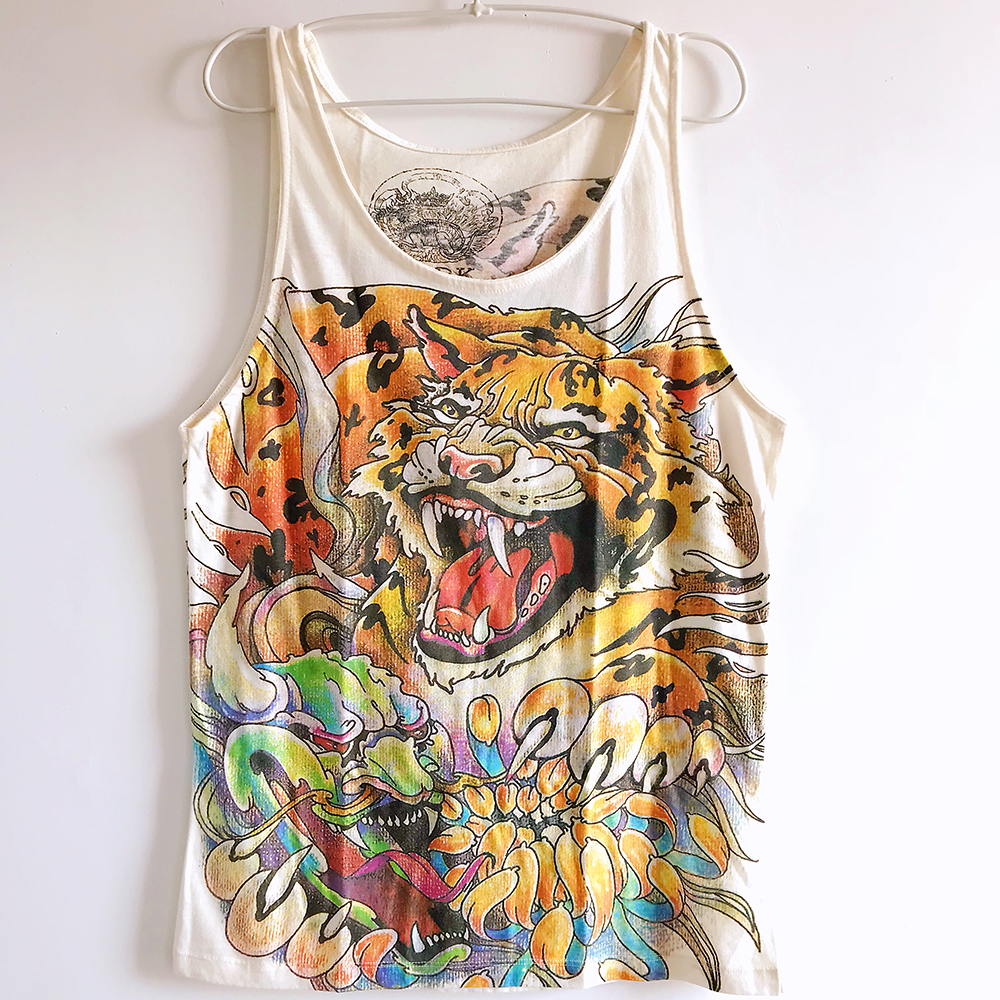 泰国背心男潮牌宽松夏季吊带纯棉龙虎鲤鱼花街头双面印花浅米白色