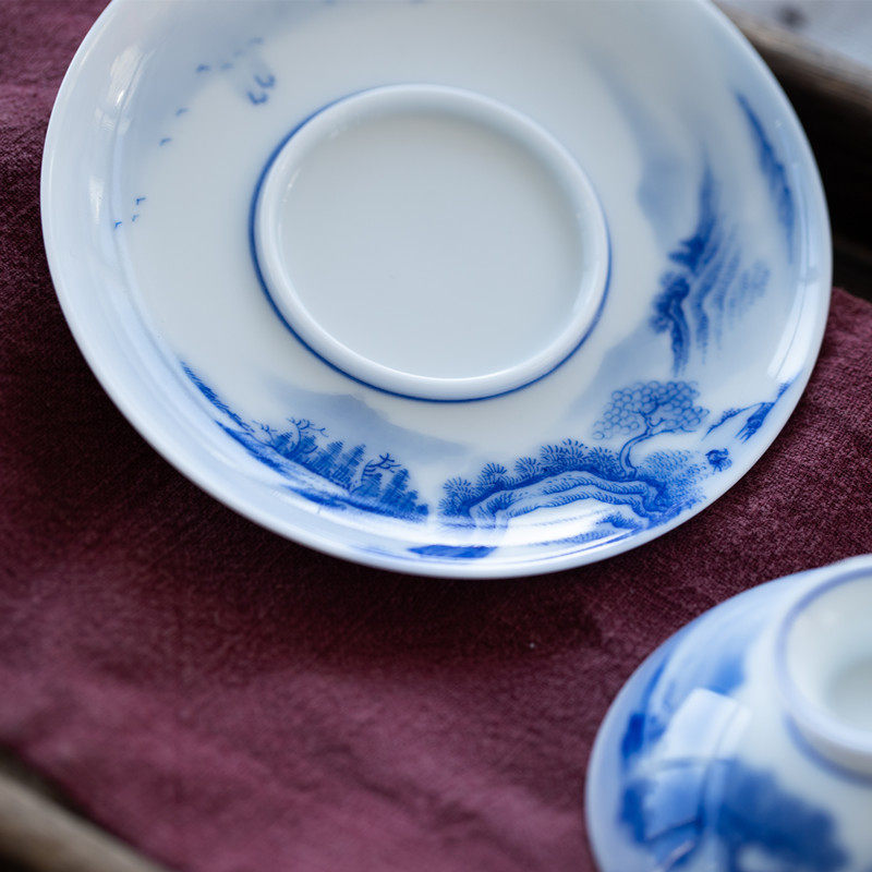 盖碗手工细笔重工青花山水盖碗茶茶杯景德镇薄胎盖碗
