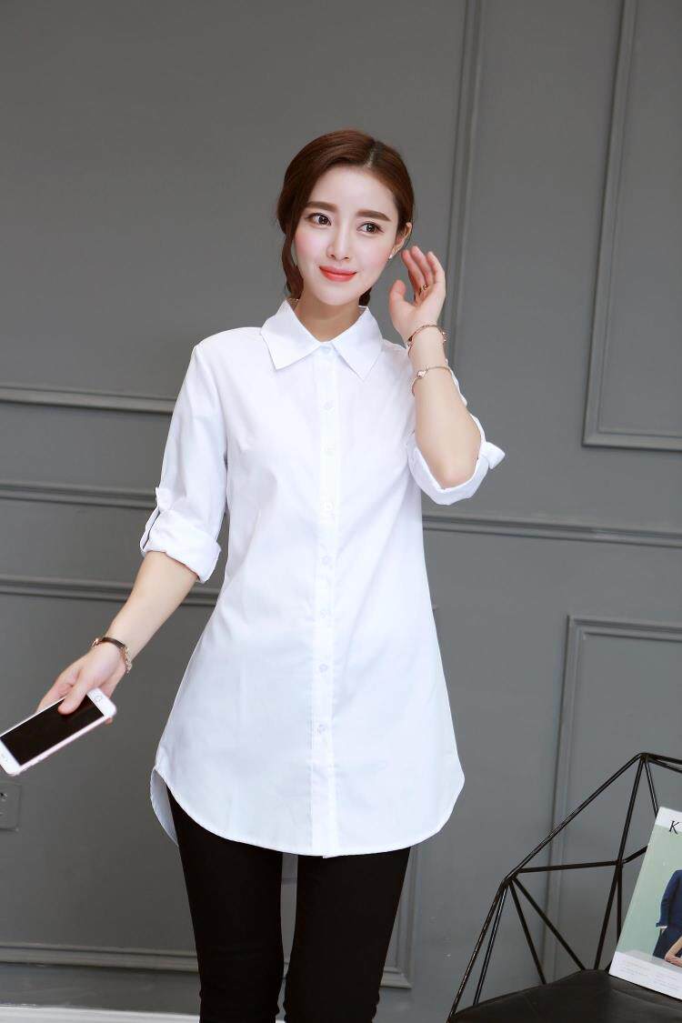 2020休闲秋季中长衬衣白衬衣女士长袖宽松女装衬衫